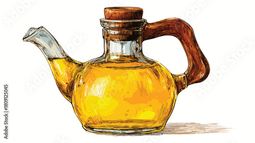 Detailed Vector Drawing of Brown-handled Olive Oil Bottle