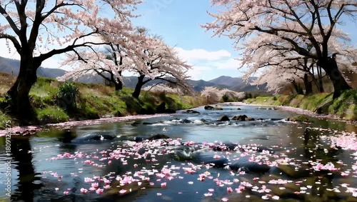 Spring cherry blossom river landscape with blooming trees and floating petals in sunlight