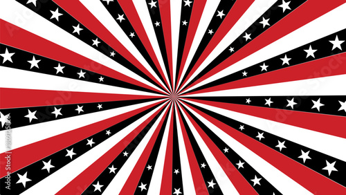 Vibrant Red, Black, and White Starburst Pattern with Bold Stripes Creates a Dynamic and Energetic Visual Effect Suitable for Celebratory Themes