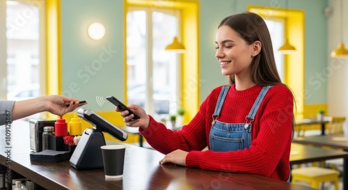 Smiling young woman confidently uses her smartphone for a convenient mobile payment at a cheerful, modern cafe counter