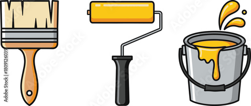 Illustration of a paintbrush, paint roller and a paint bucket with yellow paint spilling out.