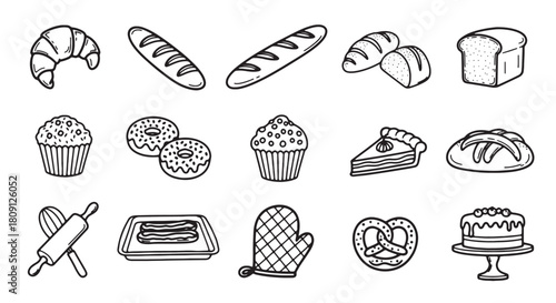 Set of bakery icons hand-drawn vector illustration of baked goods isolated on white background