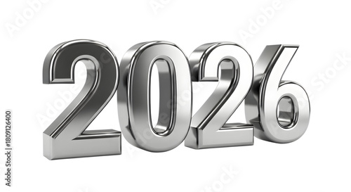 Shiny silver 2026 number render isolated on transparent background