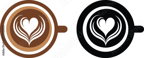 Two coffee cups, one brown and one black, featuring latte art heart designs.