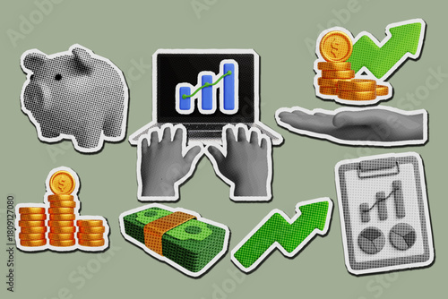 Retro halftone collage business finance  paper stickers set.