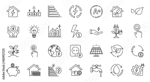 Set of energy saving line icons vector illustration of electricity consumption isolated on white bac