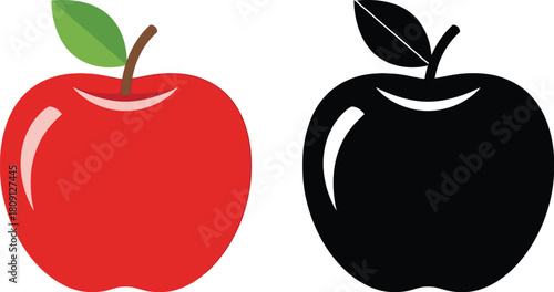 Two apples, one red with a green leaf, the other black and white, side by side, in a simple graphic style.