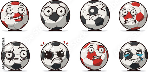 Cartoon soccer balls with expressive faces, emotional vector illustration for kids, playful sports-themed design, fun football characters, whimsical athletic icons