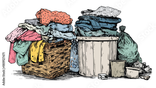Messy Pile of Dirty Clothes and Garbage Drawing