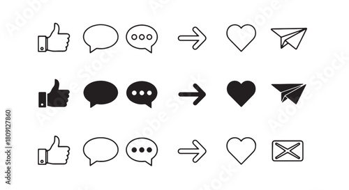 Set of social media icons simple line and glyph vector elements isolated on white background