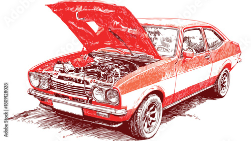 Red and White Car with Open Hood - Detailed Vector Drawing for Professional Use
