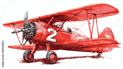 Red Biplane Number 2 Drawing for Aviation Enthusiasts and Vintage Aircraft Lovers