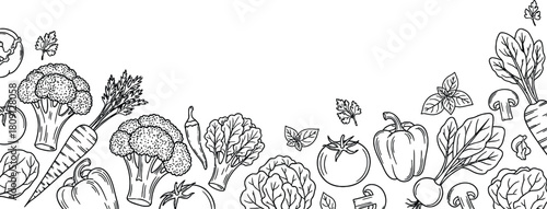 Black and white line drawing of assorted vegetables including broccoli, carrots, tomatoes, peppers, and mushrooms.