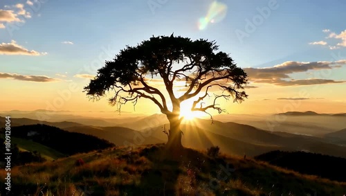 Tree silhouette at sunset over rolling hills with warm light and expansive sky scene