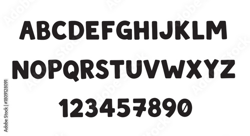 Chunky alphabet and number set bold font style for playful designs isolated on white background