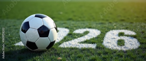 Football match concept for World Cup of 2026, top view of ball on green grass moving slowly on a green field. Sports championship theme showing a soccer ball.