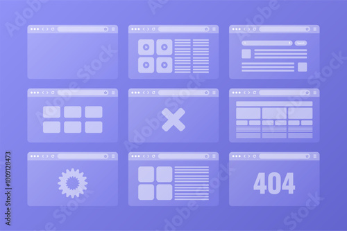 Web browser window, transparent pages layout with toolbar and search field. Modern website, internet page. Browser mockup for computer, tablet and smartphone. Adaptive UI. Vector illustration