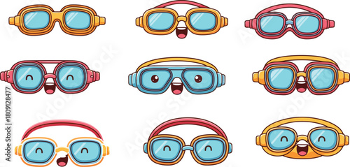 Cartoon swimming goggles with expressive faces, colorful 3x3 grid vector illustration, playful aquatic gear for kids, fun pool accessories, cheerful design