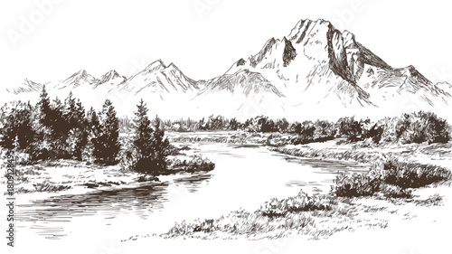 Scenic River and Mountain Vector Illustration for Professional Designs