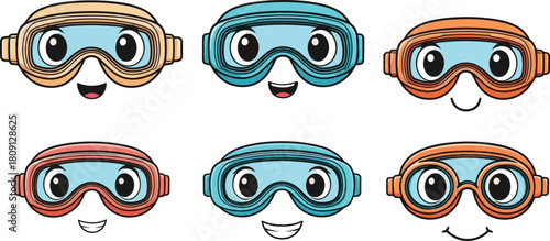 Cartoon swimming goggles with expressive faces, colorful vector illustration for kids, playful aquatic gear design, fun pool accessories, cheerful character concept