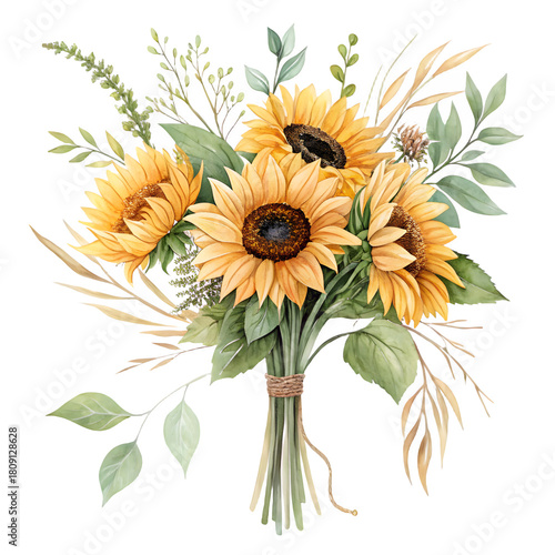 Beautiful watercolor bouquet of sunflowers with greenery on black background