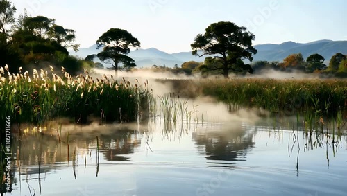 Tranquil lakeside morning with misty reflections reeds and distant hills