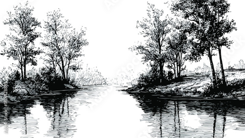 Serene River with Trees and Clear Water Vector Illustration