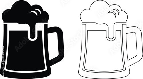 Two beer mugs, one filled with dark beer overflowing with foam, the other an outline of a beer mug with foam.