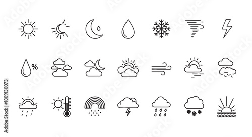 Weather icon set minimalist line design vector symbols for forecast and climate applications