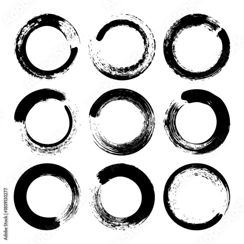Grunge circles, brush strokes, lines, ink smudges, hand-drawn scribble shapes. Handmade sketchy marks, acrylic stains, charcoal streaks. Paint textures, dry brush effect. Vector illustration