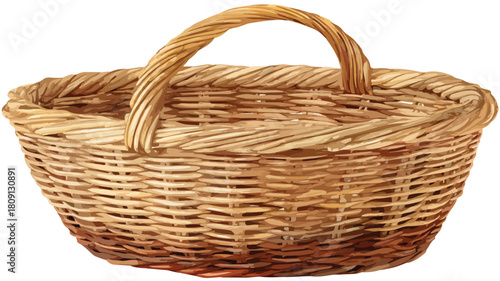 Wicker Basket with Handle on White Background - Professional Drawing for Creative Projects