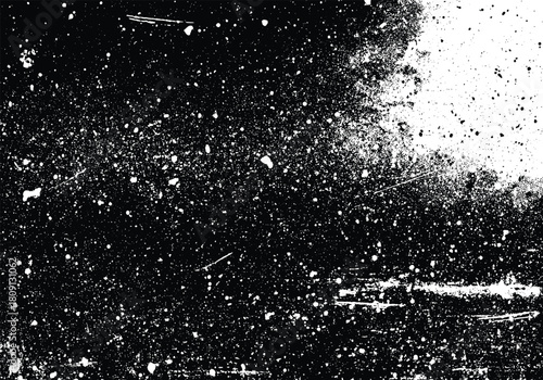 black and white vintage dust overlay, rough grain texture with scattered specks, scratch marks, aged film effect, distressed aesthetic, vector background design