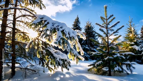 Winter forest snow covered pine trees sun rays filter through branches creating luminous landscape
