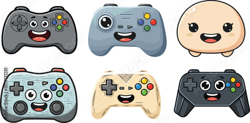 Cute cartoon game controllers with smiling faces and happy expressions, funny joystick mascot icons, gaming illustration for kids and entertainment design