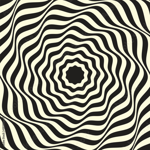abstract flower background Hypnotic black and white optical illusion pattern with concentric wavy rings expanding outward