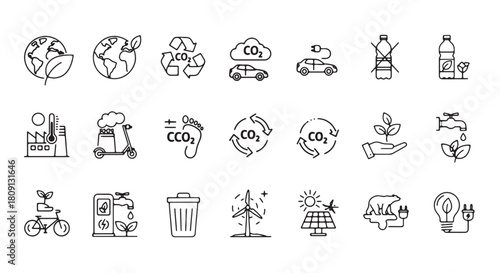Set of ecology and environment icons thin line vector symbols for sustainable development isolated o