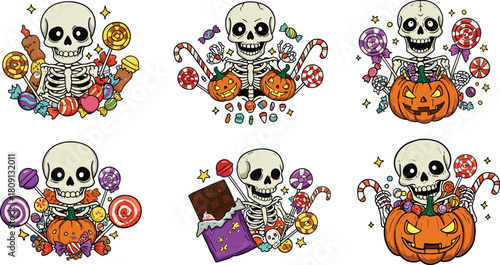 Halloween skeletons with candy and pumpkins, festive spooky characters, cartoon bones, trick or treat sweets, holiday vector illustration, colorful Halloween celebration