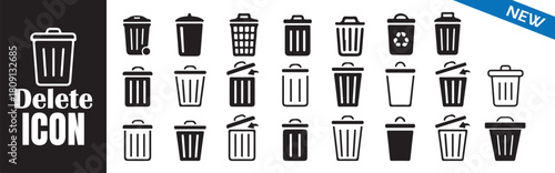 Delete icon vector set. Trash bin symbol. Remove cross sign. Erase button. Cleanup interface