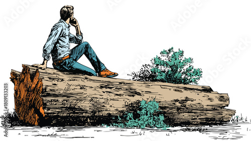 Man Sitting on Log Talking on Cell Phone Vector Illustration