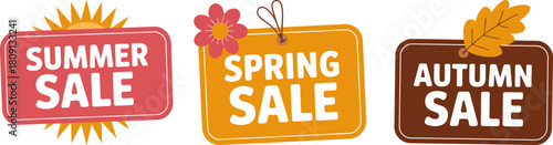 Seasonal sales tags for summer, spring, and autumn sales promotions
