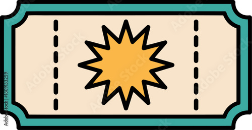 A stylized ticket with a burst of light in the center.