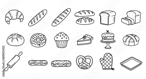 Bakery outline icon set vector illustration of bread and pastry isolated on white background