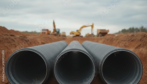 Wallpaper Mural Black corrugated pipes waiting in a trench for installation at a construction site with heavy machinery like excavators and dump trucks working in the blurry background under a cloudy sky Torontodigital.ca