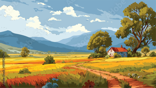 Serene Landscape Painting with Field and House in Background