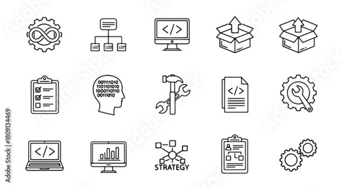 Set of engineering and development icons simple line vector symbols for web and mobile apps isolated