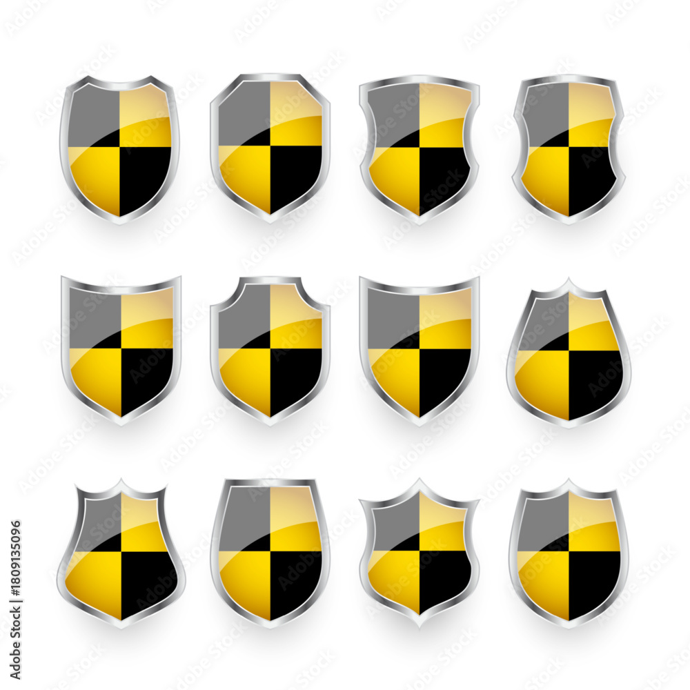 Fototapeta premium Glossy shields with yellow and black pattern. Security and protection concept. Cyber safety icons, internet privacy, web defense, digital data protection and antivirus themes. Vector illustration
