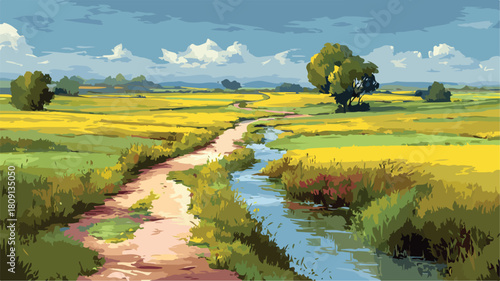 Scenic Path in Field with River Painting for Adobe Stock Photos