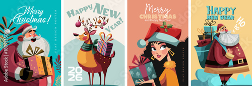 Elegant festive celebration, reindeer, Santa Claus with gifts, Stylish woman holding a wrapped gift in a joyful Christmas illustration with festive decorations. Flat graphics without gradients.
