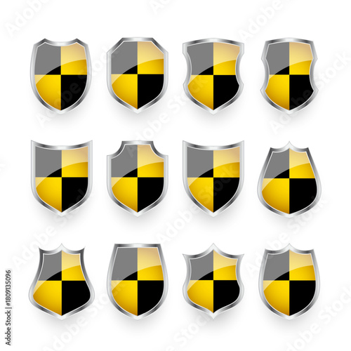 Glossy shields with yellow and black pattern. Security and protection concept. Cyber safety icons, internet privacy, web defense, digital data protection and antivirus themes. Vector illustration