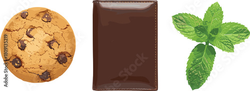 Chocolate chip cookie, leather wallet, mint leaves illustration, food and accessory contrast, realistic texture, white background, creative concept